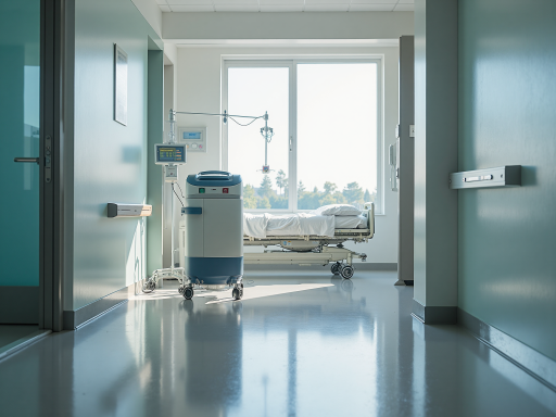 Modern hospital facility with advanced medical equipment and healthcare professionals, bright clean environment with patients receiving treatment